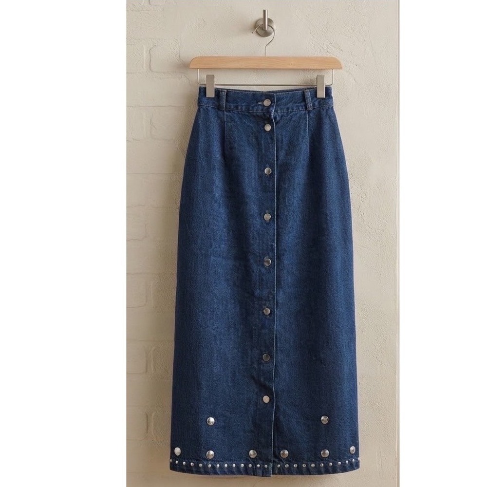 PS Sport Vintage High Waisted Denim Midi Skirt Dark Wash Studded Button Front 4